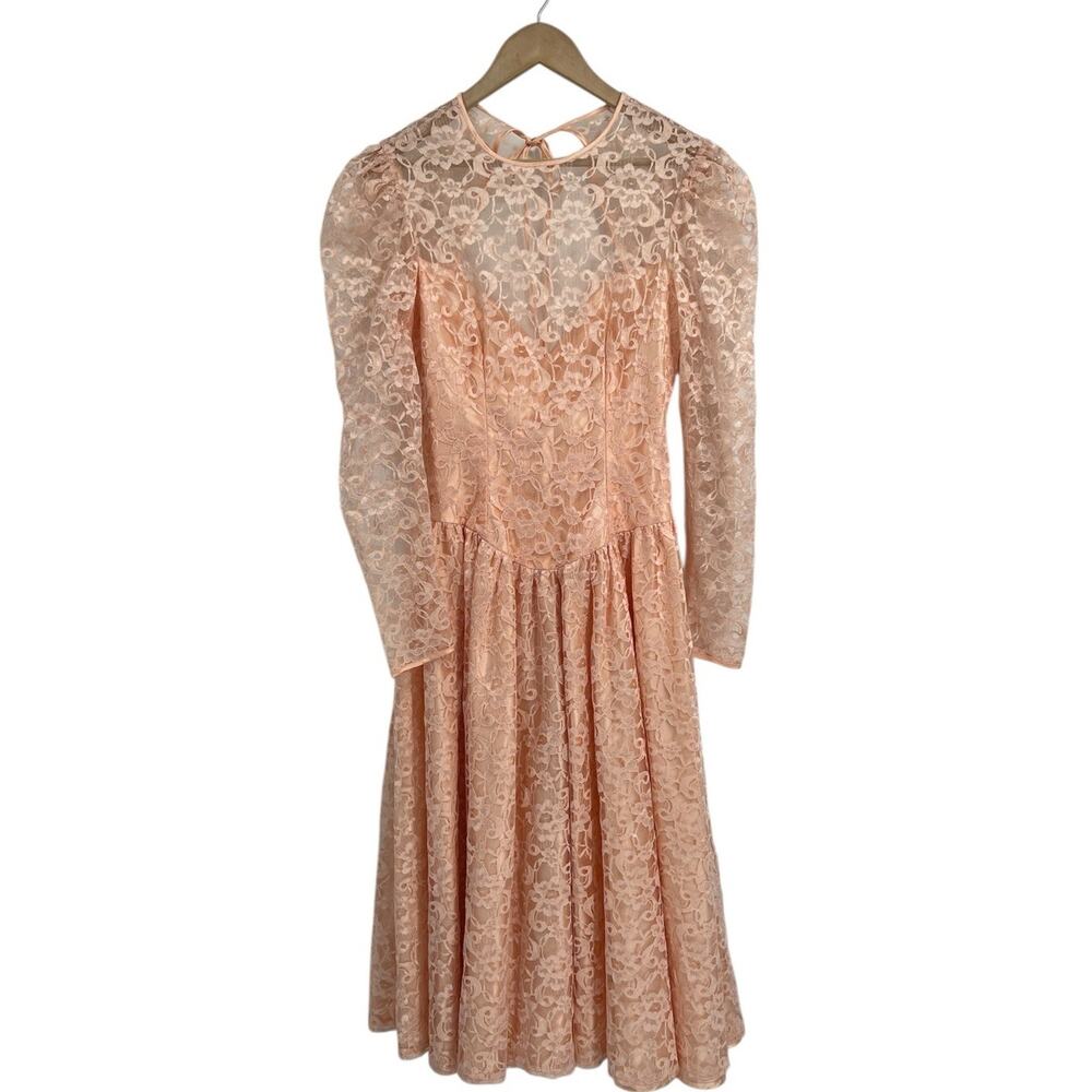 Vintage 80s Dance Allure Peach Lace Overlay Special Occasion Dress Prom Small
